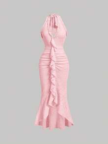 SHEIN MOD Ruffle Trim Fitted Ruched Bow Tie Backless Halter Neck Dress - Pink - View 2