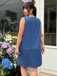 GalTyme Plus Size Fashion French Lace Patchwork Tie-Up Denim Dress - Blue - View 2