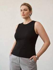 MOTF PREMIUM Áo tank top nữ size lớn mùa hè màu trơn ôm sát - màu đen - Xem 4