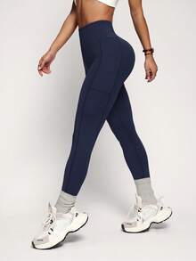 Easithlete Damen einfarbige Tasche lässige vielseitige Alltag Reise Sport enge Leggings - marineblau - Übersicht 3