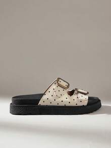 Solecia Metal Buckle Decorative Slippers, Open Toes, Muffin Thick Bottom, Comfortable And Versatile, Sandals - White polka dot - View 3