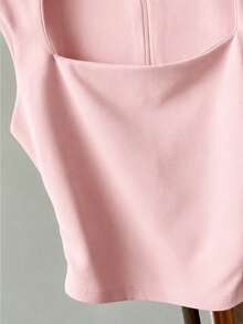 Resyla Top sin mangas de mujer color rosa liso con cremallera en la espalda, cintura fruncida lateral y cuello cuadrado, adecuado para primavera y verano - Rosa Pálido - Ver 4