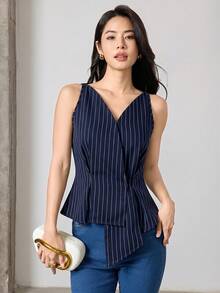 Heiryn 女款夏季時尚條紋不對稱下擺無袖上衣 - 藏蓝色 - 查看 3