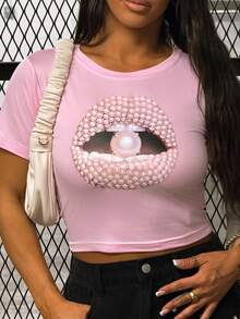 SAYEHFBABY Camiseta de manga corta con cuello redondo estilo Y2K, longitud regular, para todas las estaciones, con estampado de labios y perlas, para mujer casual de verano - Rosa Pálido - Ver 6