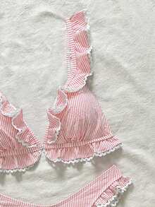 Swim Mod Girl's Special Fabric Striped Ruffle Triangle Bikini Top And V-Cut Flounce Triangle Bottom 2-Piece Set - Pink - View 4