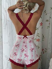 CottageSlumber Contrast Color Lace Backless Bow Print Spaghetti Strap Slim Fit Jacquard Women's Pajama Romper - Multicolor - View 6