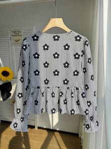 SHEIN Tween Girl Black Striped Floral Print, Front Bow Decor Long Sleeve Shirt - Black - View 2