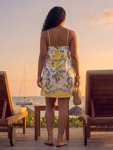 CAJUNI Plus Size Women Floral Print Casual Sleeveless Dress - Yellow - View 2