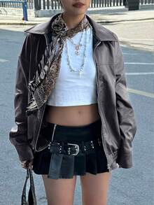 INAWLY Women's Loose Fit Long Sleeve Leather Jacket, Biker Style For Autumn/Winter Fall Cloth For Women - Grey - View 4