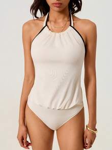 SHEIN BASICS Damen Sommer Lässig Rückenfrei Neckholder Bodysuit - Weiss - Übersicht 2
