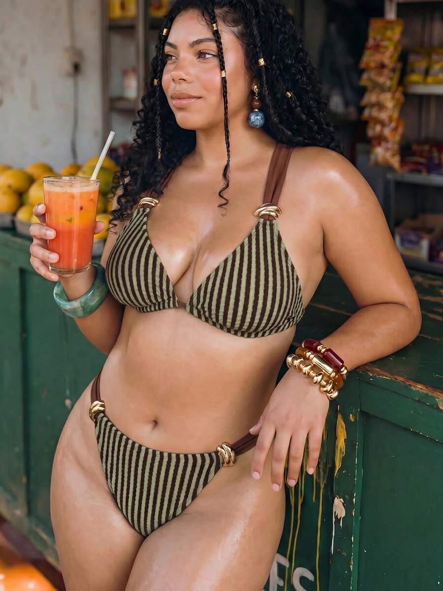 SHEIN Swim 大尺碼條紋泳衣套裝,適合度假與海灘 - 咖啡棕 - 查看 1
