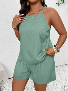 SHEIN Frenchy Plus Size Women Solid Color Back Single Row Button Camisole And Shorts 2pcs Set - Mint Green - View 3