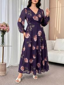 Modelyn Plus Size Elegant Floral All-Over Print Dress - Purple - View 5