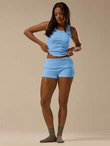 MUSERA ESSENTIALS Rib Fold Over Waist Mini Shorts Basic Spring Summer Vacation Holiday Pants - Blue - View 2