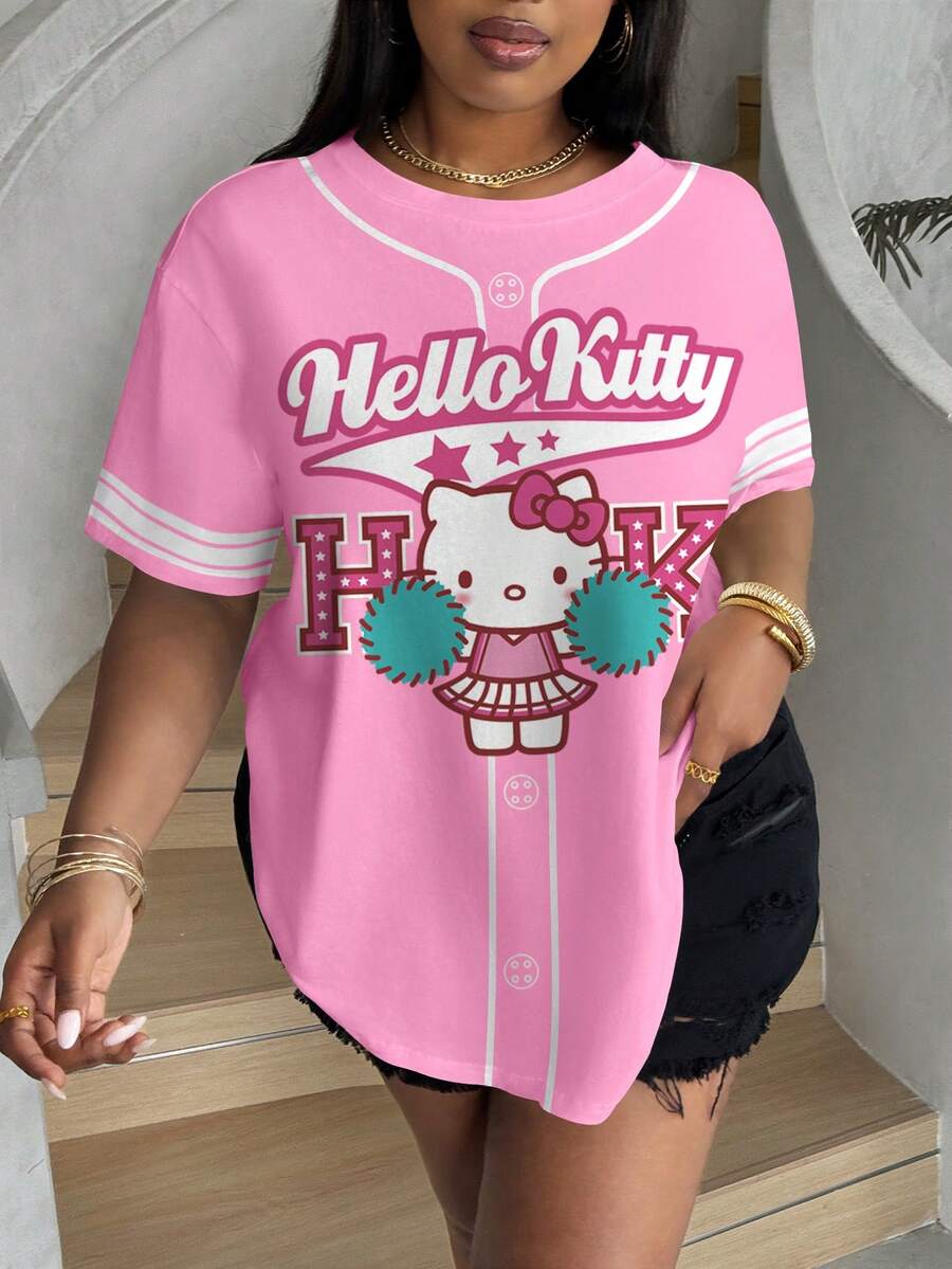 HELLO KITTY AND FRIENDS | SHEIN 大尺碼女款字母卡通印花休閒百搭日常短袖T恤 - 白色 - 查看 1