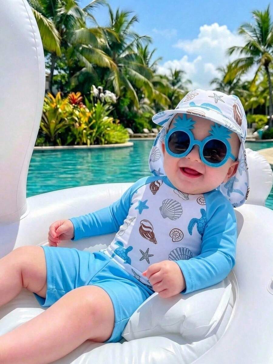 SHEIN Unisex Baby Boy Baby Girl 3pcs/Set Blue Cute Marine Life Pattern Long Sleeve Separated Swimsuit And Sun Protection Hat Set, Sun Protection Swimsuit, Suitable For Beach Swimming Vacation - Mint Blue - View 1
