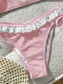 Swim Mod Conjunto de 2 piezas de top de baño a rayas y Bottom de bikini en forma de V para niñas - Rosa - Ver 4