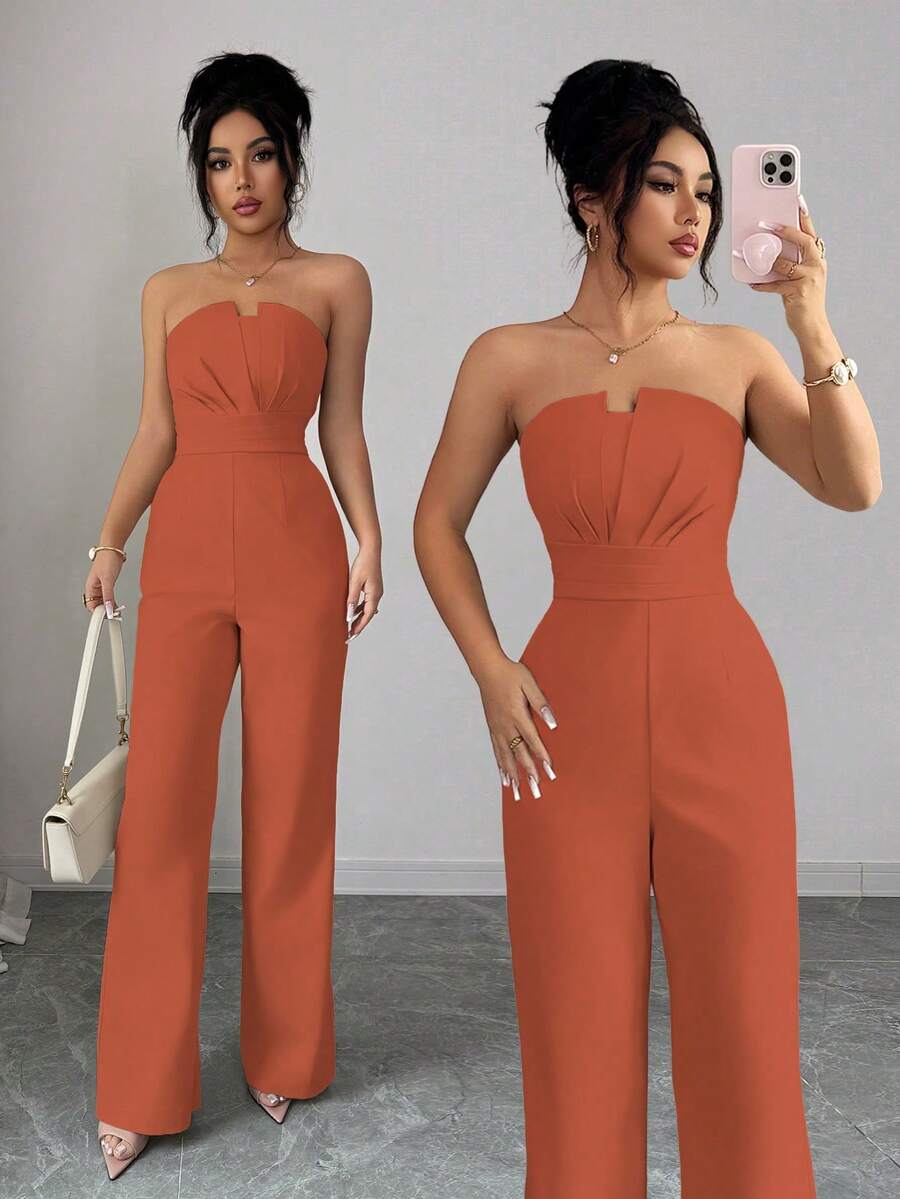 Rafferiza Mono sin tirantes fruncido de unicolor para mujer - Rosa coral - Ver 1