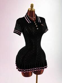 Amplova Women's Knit Sexy Avant-Garde Back To School Style Collared Lace Hem Short Sleeve Dress - Black - View 8
