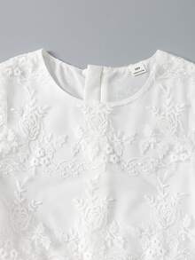 SHEIN 女童白色花卉網紗花瓣刺繡洋裝，春夏正式禮服，適合婚禮花童、生日派對、舞會，短袖薄紗裙 - 白色 - 查看 11