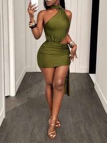 BamGleam Sexy Halter Neck Draped Ribbon Waist Cutout Bodycon Ruched Dress For Holiday Party Club Night And Banquet Olive Green Summer - Olive Green - View 7