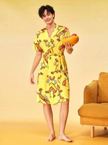 Notgurli Men's Hot Dog Print Waist Tie Casual Daily Home Sleepwear - Multicolor - View 4