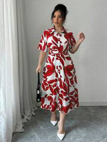 Elenzga Blue Shirt Collar Short Sleeve Cinched Waist Blue & White Artistic Leaf Print Casual Plus Size Dress - Red - View 3