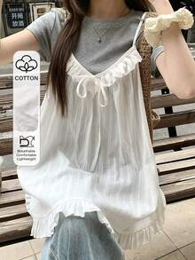 Dazy Tall Women's Summer Deep V-Neck Loose Striped Textured Fabric Frill Trim Long Cami Camisole Style Casual Vacation Style Tank Top - White - View 10