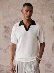 HIMLAND Men's Contrast Collar Short Sleeve Knit Top - Black and White - View 1