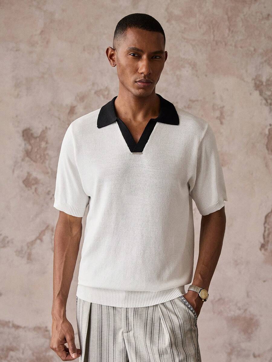 HIMLAND Men's Contrast Collar Short Sleeve Knit Top - Black and White - View 1
