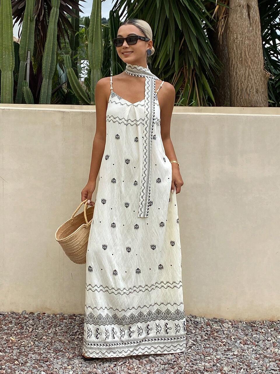 Women's Summer Printed Long Bohemian Vacation Spaghetti Strap Dress