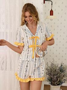 CottageSlumber Ensemble de pyjama court avec ours en peluche mignon, jaune pâle, bordure à volants, nœud croisé et manches courtes - Multicolore - Voir 4