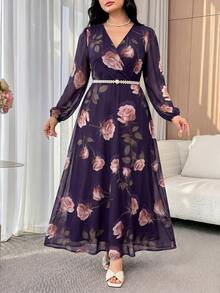 Modelyn Plus Size Elegant Floral All-Over Print Dress - Purple - View 6