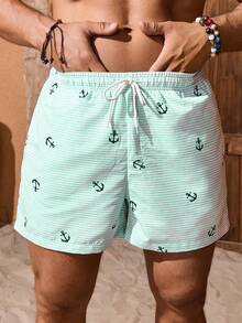 Manfinity KASUA Pantalones cortos de playa de doble capa con cintura con cordón y rayas de ancla para vacaciones de hombres - Verde - Ver 3