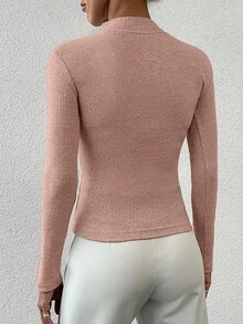 EURMUSE Women's Solid Color Simple Stand Collar Long Sleeve Sweater Versatile For Autumn Winter Office Dusty Pink Casual - Baby Pink - View 2