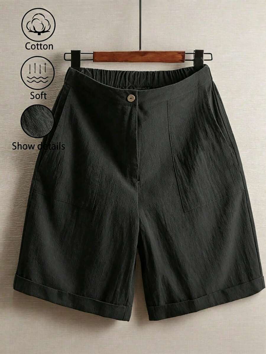 Linhara Plus Size Women's Casual Soft Form Solid Color Summer Shorts Formal Hiking Gray Vacation - Black - View 1