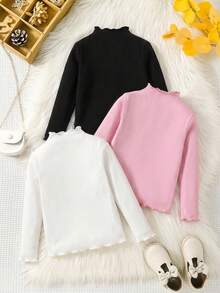 SHEIN 女童純色荷葉領長袖休閒T恤 - 彩色 - 查看 2
