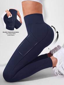 Easithlete Damen einfarbige Tasche lässige vielseitige Alltag Reise Sport enge Leggings - marineblau - Übersicht 2