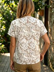 SHEIN Boho Elegant Sexy Women's Short-Sleeve Crew-Neck Shirt With Lace Floral Print Casual White Floral Summer Style Perfect For Tea Party Day Party Wedding - Apricot - View 2