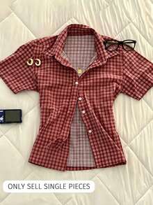 IslaSuriya 女士格子短袖纽扣前开襟休闲夏季时尚衬衫 - 彩色 - 查看 3