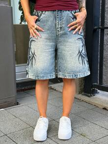 SAYEHFBABY Women's Patterned Pocket Wide Leg Loose Casual Bermuda Denim Shorts Summer - Blue - View 5