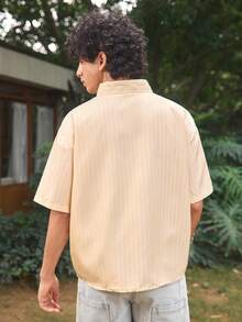 Whitmere Men's Lightweight Casual Short Loose Striped Short Sleeve Shirt, Spring To Summer - Apricot - View 2