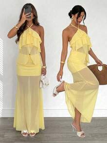 Firerie Conjunto casual diario para mujer con top de cuello halter con lazo y volantes de unicolor y falda de malla - Amarillo claro - Ver 2