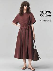 Ontre 2026 New All Season Minimalist All-Match Casual Vacation Brunch Outfit Round Neck Long Patchwork Drawstring Dress Slimming Dark Brown Summer - Brown - View 4