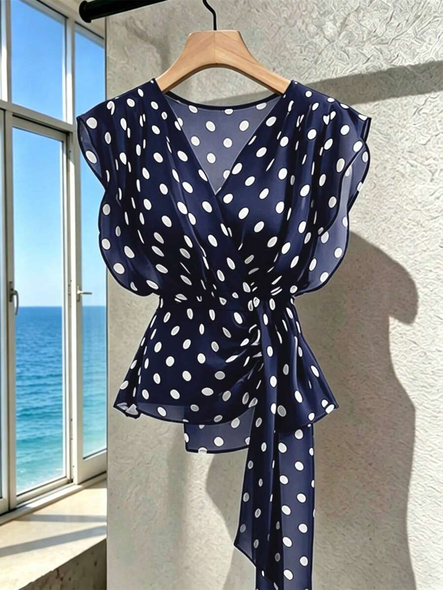 SHEIN Franclia 女款法式波點V領高級網紗無袖上衣,時尚繫帶荷葉袖雪紡背心 - 藏蓝色 - 查看 1