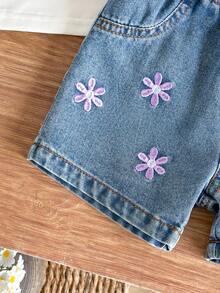 SHEIN Vintaside Kids 女嬰熱門櫻桃印花細肩帶上衣與短褲刺繡時尚套裝 - 白色 - 查看 6