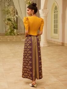 Zaforene Vintage Palace Style Puff Sleeve Short Jacket + Print Slit Long Skirt 2-Piece Set French Luxury Elegant Outfit Dinner Party Golden Yellow Brown Summer - Multicolor - View 6