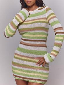 MUSERA Multi Colour Stripe Open Tie Back Long Sleeve Knitted Mini Dress Sexy Cute Spring Summer Holiday Vacation Going Out Girly Cool Girl Late Checkout - Khaki - View 5