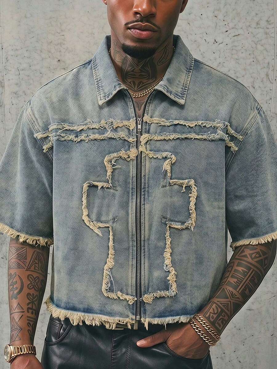 AXEPEAK Men's Casual Washed Cross Patch Denim Shirt - Blue - View 1