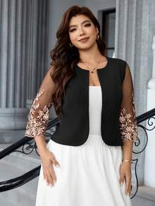 Reflora Chaqueta corta elegante con mangas de encaje en contraste para mujer talla grande, adecuada para uso diario - Negro - Ver 7